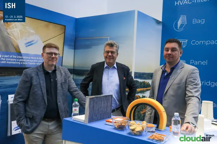 Team at a Finnish HVAC filter stand with panel and bag filters