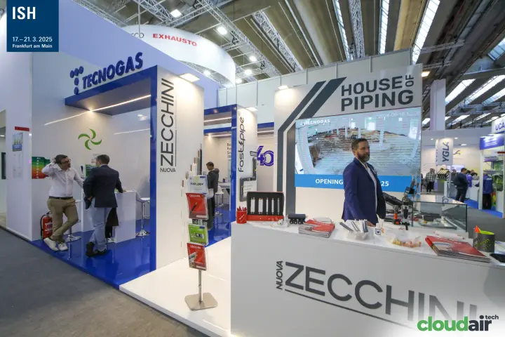 Tecnogas and Nuova Zecchini "House of Piping" stand with fastpipe display at ISH 2025