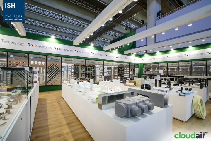 Tecnosystemi air distribution plenum and duct parts on display tables at ISH 2025