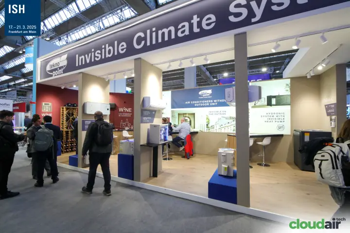 Tekno Point 'Invisible Climate System' stand with wall units and WINE corner at ISH 2025