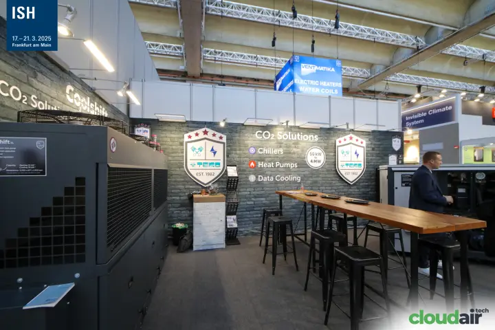 TEKO Coolshift CO2 unit and brick-effect wall listing chillers and heat pumps at ISH 2025