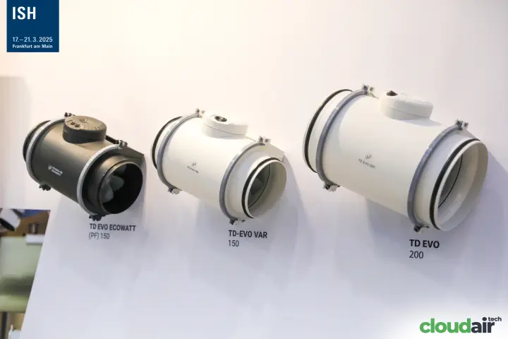 Three S&P TD EVO inline duct fans mounted on a white wall
