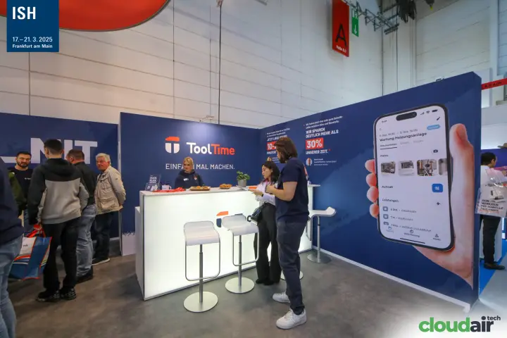ToolTime reception counter with smartphone app graphic at ISH 2025