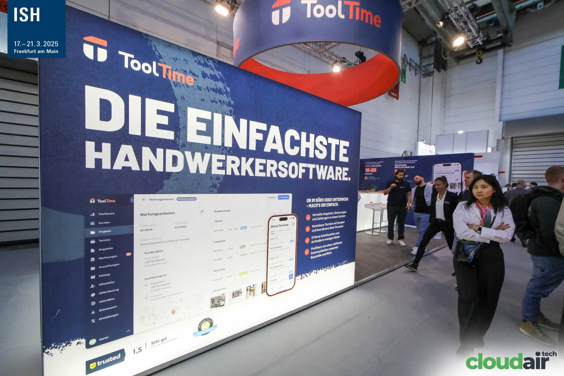 ToolTime wall showing its software dashboard and mobile app at ISH 2025