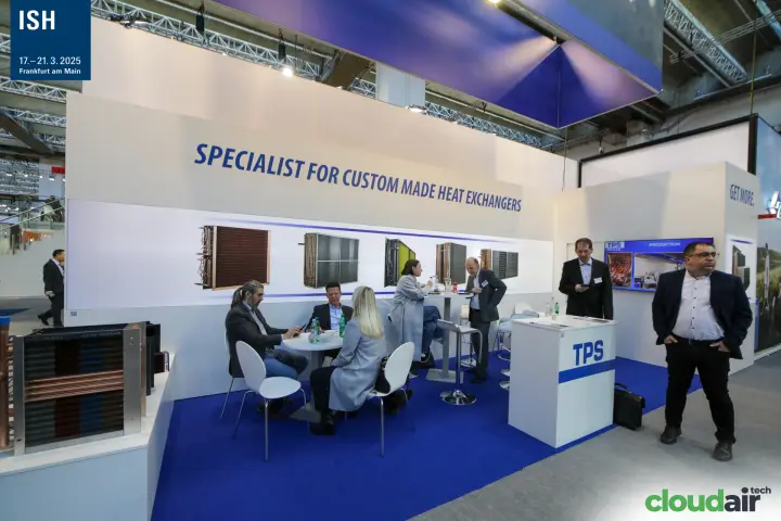 TPS stand with copper finned coil sample and blue carpet