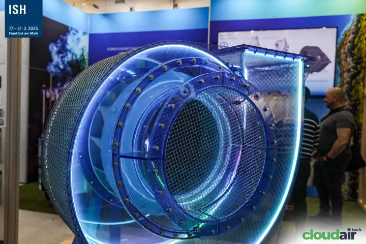 Transparent centrifugal fan model lit with blue LEDs at the HLU stand at ISH 2025