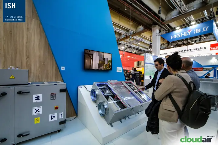 Transparent heat recovery unit with LED-lit internals on the Blauberg stand