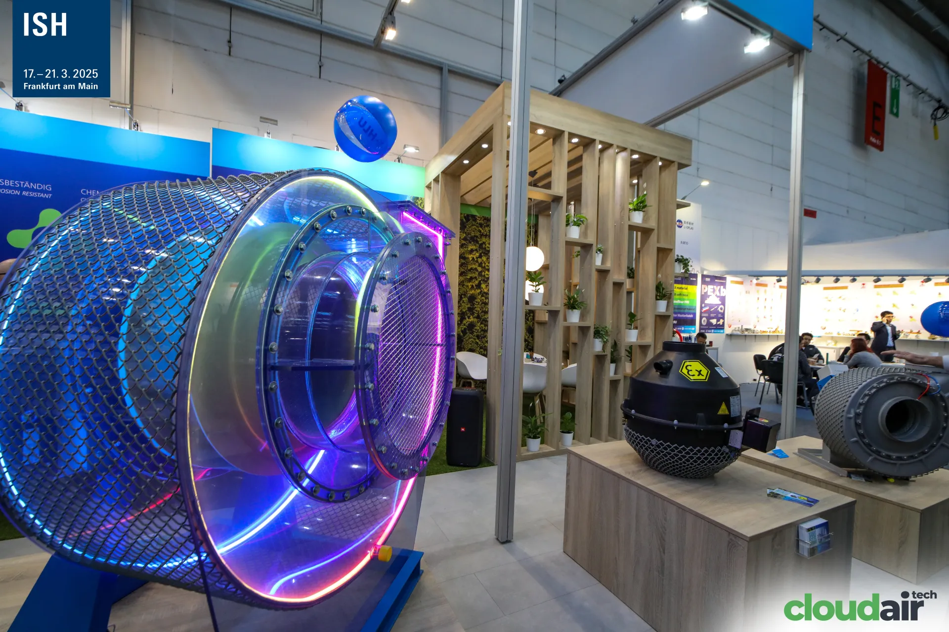 Transparent illuminated fan and Ex-marked black plastic fan on the HLU stand at ISH 2025