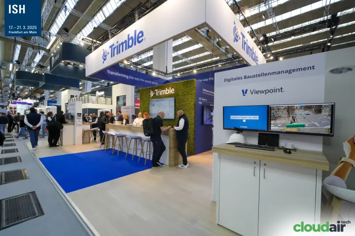Trimble stand with moss wall and Viewpoint site-management desk at ISH 2025
