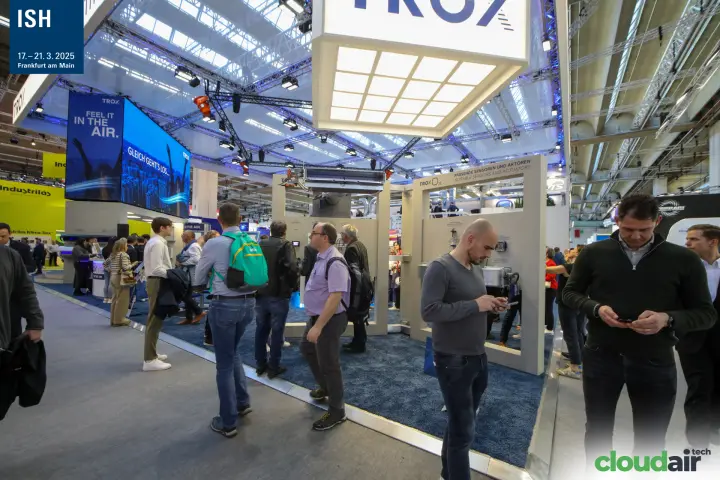 TROX sensors and actuators display beside the "Feel it in the air" LED wall at ISH 2025