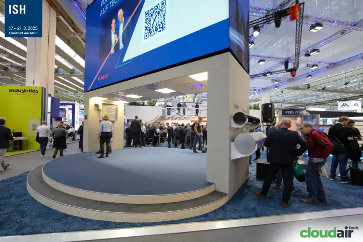TROX stage platform under a large LED screen showing a podcast at ISH 2025