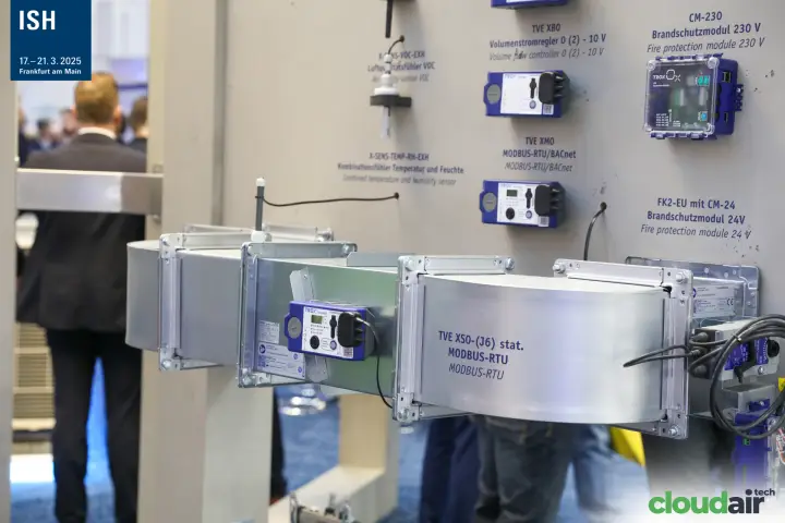 TROX VAV controllers and fire protection modules on a demo wall at ISH 2025