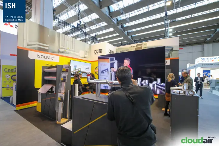 TTM stand with ISOLPAK pipe cladding samples and video screen at ISH 2025
