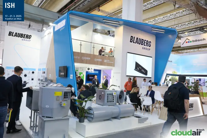 Two-storey Blauberg Group stand with industrial fans along the aisle at ISH 2025