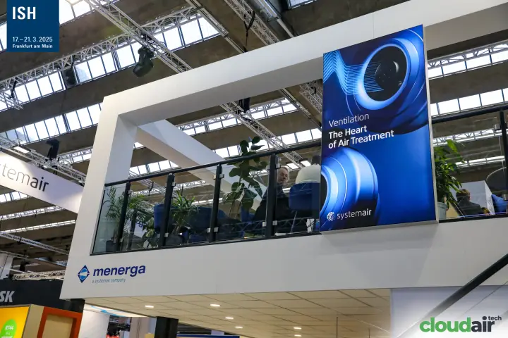 Upper deck of Systemair stand with Menerga logo and ventilation banner at ISH 2025