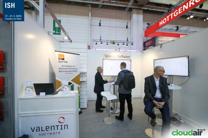 Valentin Software booth with GeoT*SOL heat pump planning banner at ISH 2025