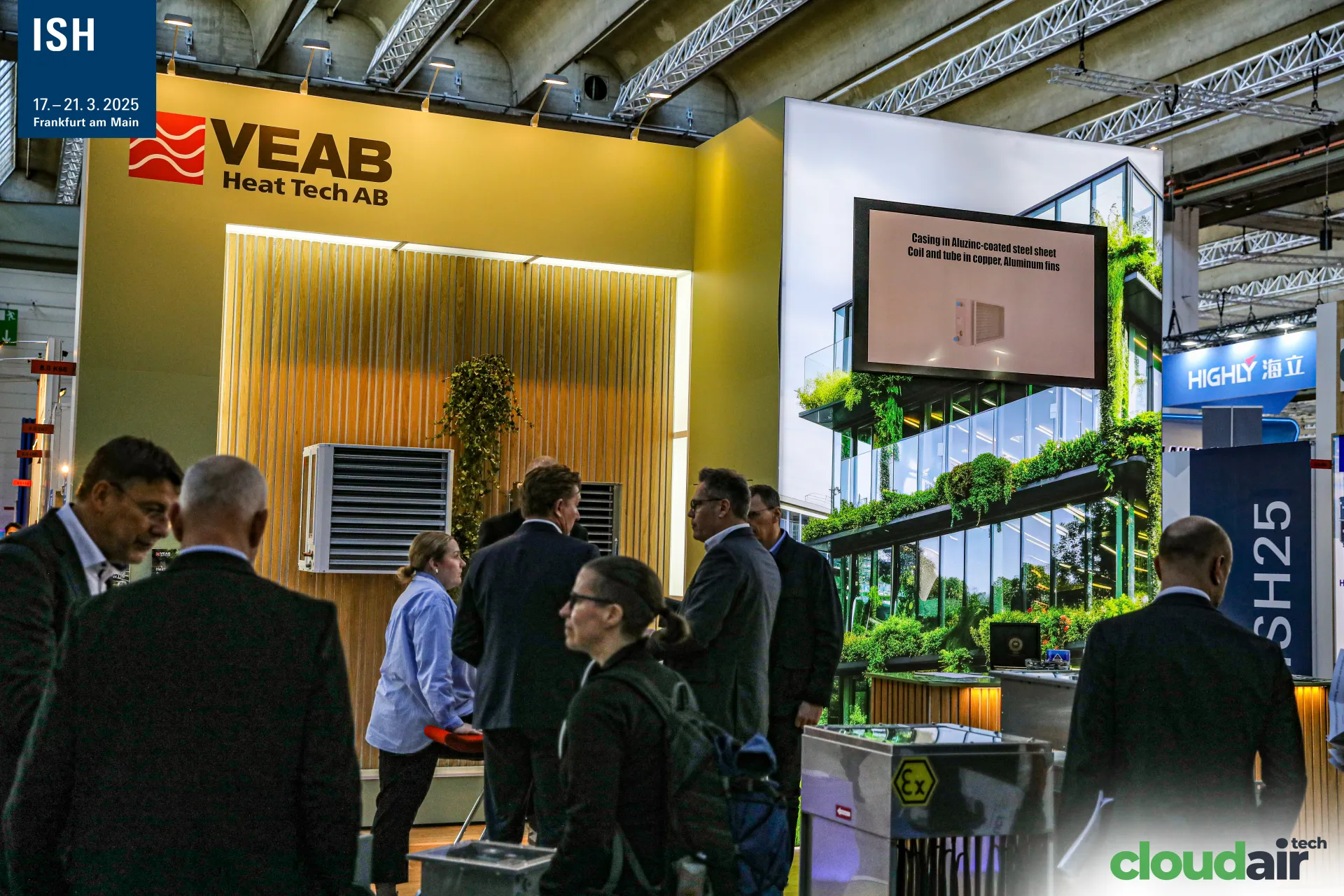 VEAB Heat Tech AB stand with unit heaters on a slatted wood wall at ISH 2025