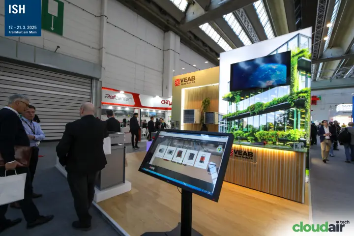 VEAB Heat Tech AB touchscreen showing product categories at ISH 2025