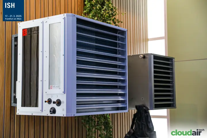 VEAB Heat Tech unit heaters mounted on a slatted wood wall