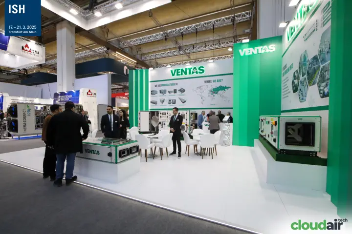 Ventas stand with glowing green logo and air handling units at ISH 2025