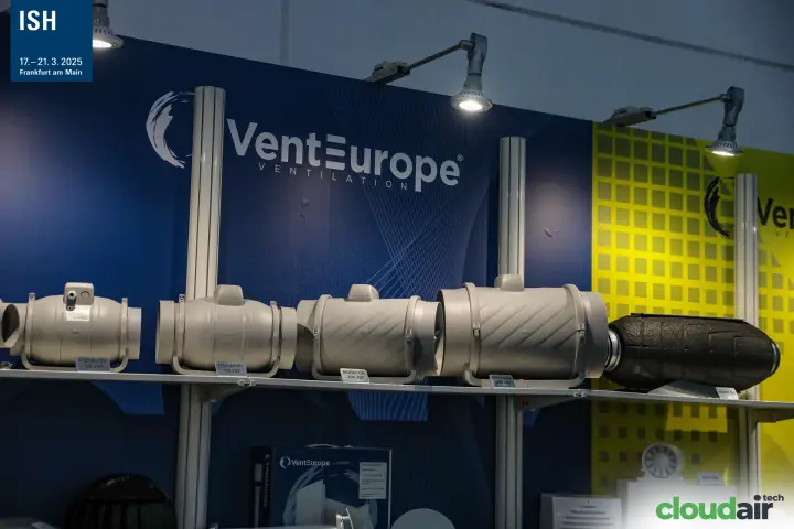VentEurope Monsoon inline duct fans on a shelf under the logo at ISH 2025