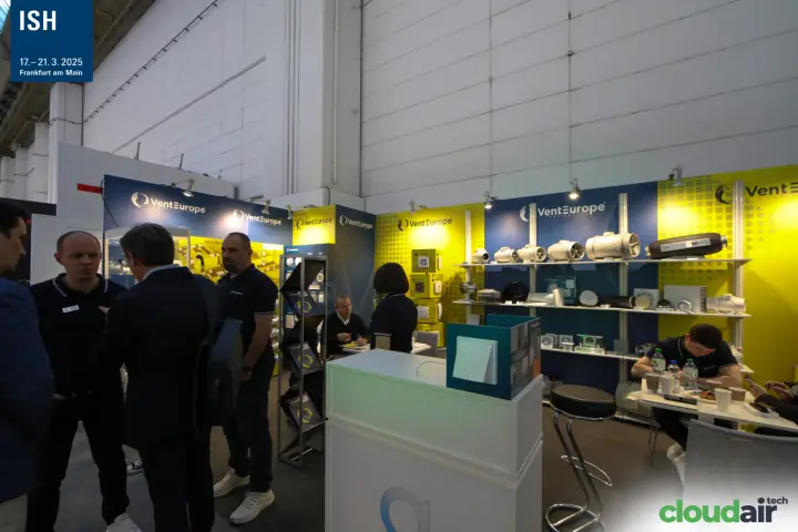 VentEurope shelves of inline duct fans on yellow and blue walls at ISH 2025