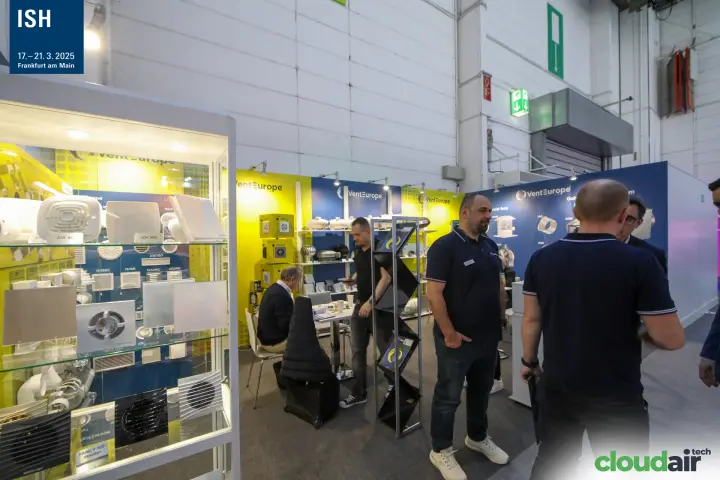 VentEurope vitrine of bathroom fans and grilles at the stand front at ISH 2025