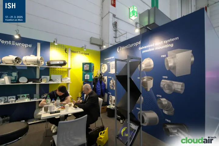VentEurope wall graphic of galvanized duct fittings and commercial fans at ISH 2025