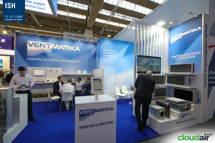 Ventmatika stand with water heaters and coolers on a stepped display at ISH 2025