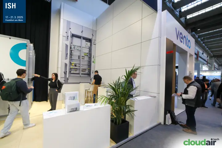 Vento stand entrance next to a NOVA control cabinet display at ISH 2025