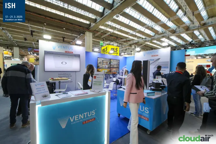 Ventus by D. Ellinas stand with illuminated counter and linear grille display at ISH 2025