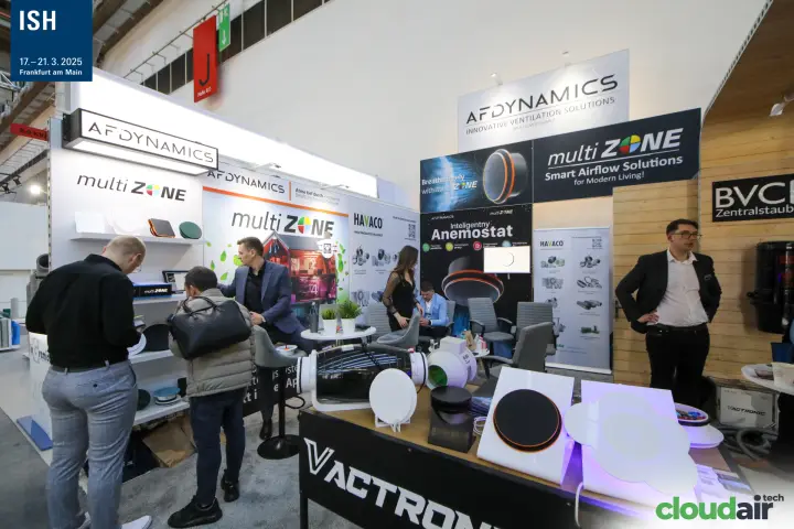 Visitors at the AFDynamics multiZONE shelf and diffuser display at ISH 2025