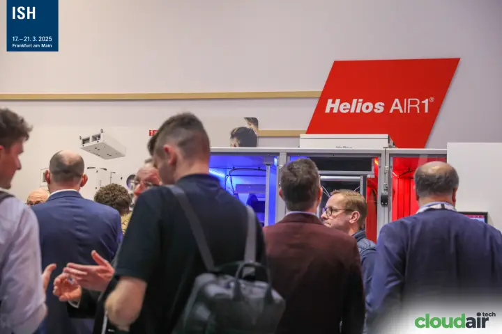 Visitors crowd around Helios AIR1 air handling units at ISH 2025