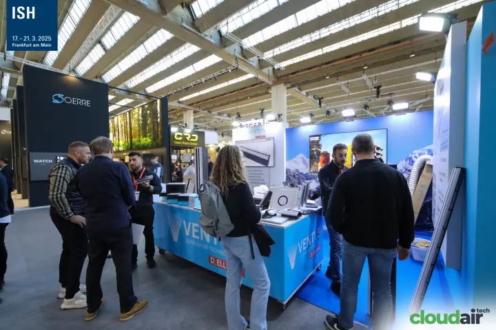 Visitors examine grille and diffuser samples at the Ventus counter at ISH 2025