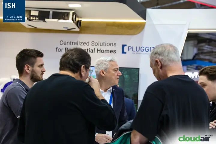 Visitors gathered under the Pluggit "Centralized Solutions" sign at ISH 2025