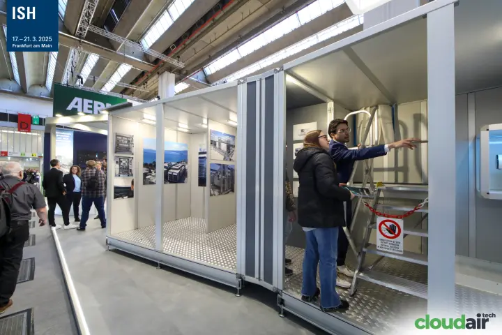 Visitors inside a walk-in Weger AHU casing with service ladder at ISH 2025