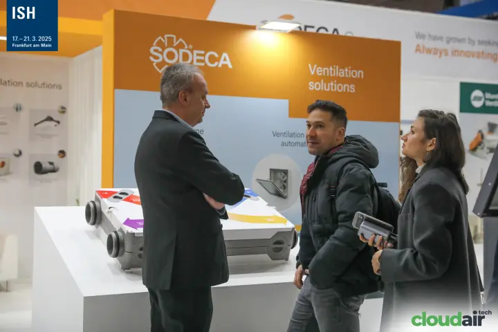 Visitors at a Sodeca heat recovery unit under "Ventilation solutions" at ISH 2025