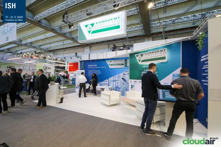 Visitors using the touchscreen kiosk at the Eurovent stand at ISH 2025