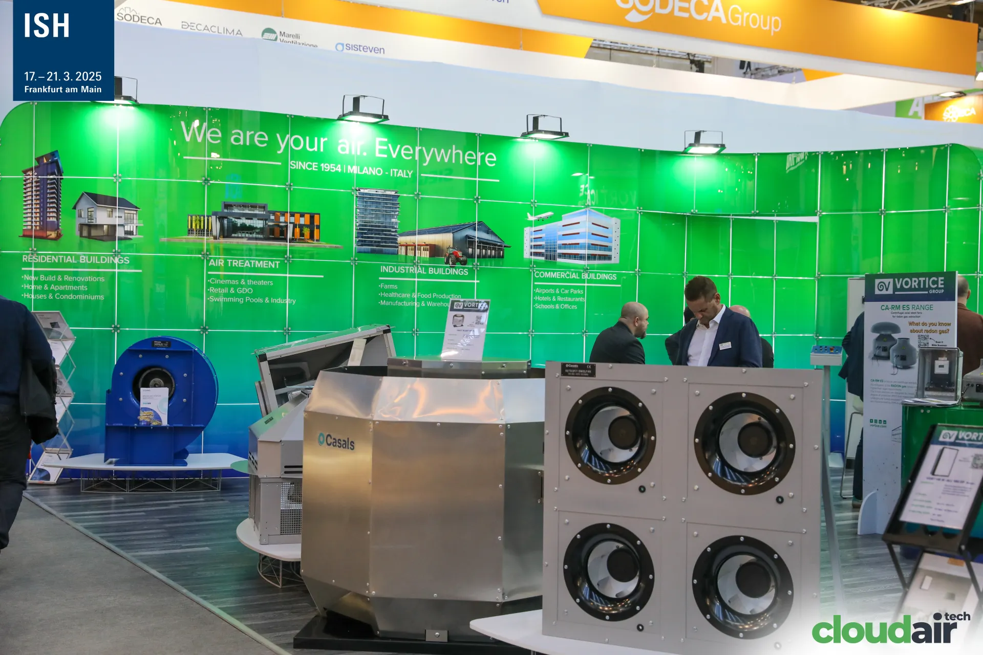 Vortice Group stand with Casals roof fan and a four-fan plug fan array at ISH 2025