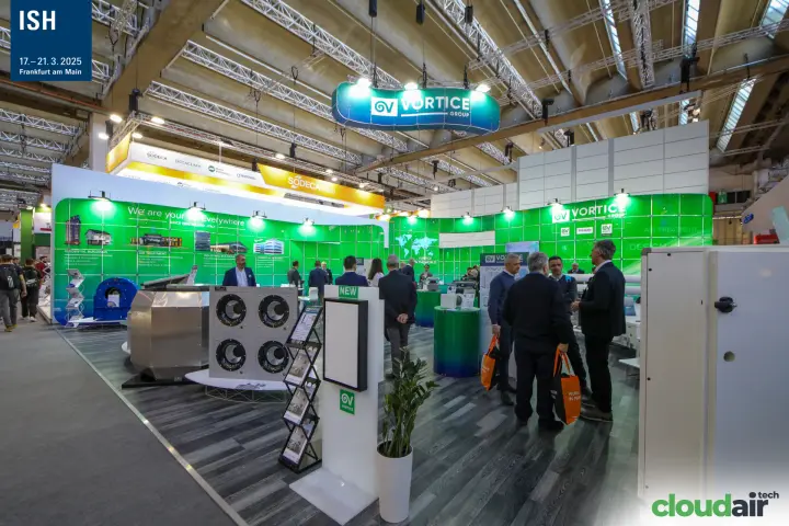 Vortice Group stand edge with roof fans and NEW product totem at ISH 2025