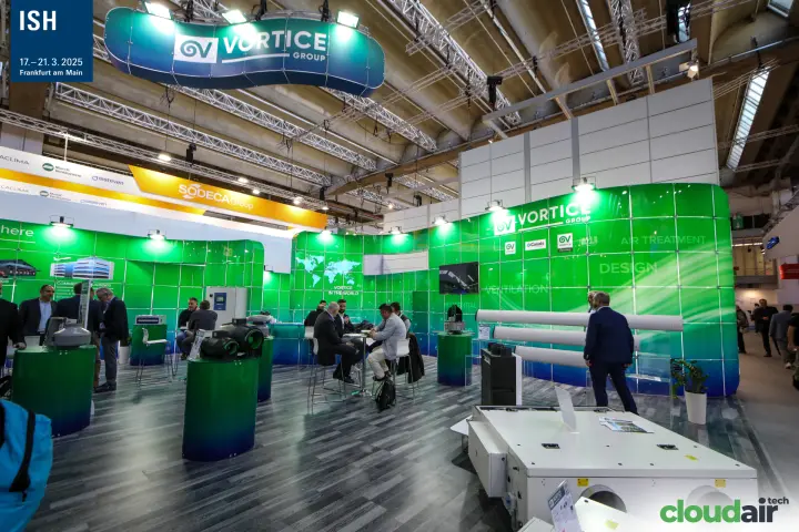 Vortice Group stand with suspended logo banner and meeting area at ISH 2025