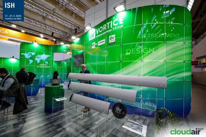 Vortice large ceiling fan blades on acrylic display at ISH 2025