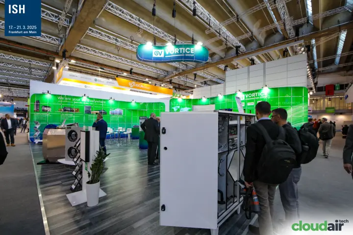 Vortice stand with an opened ventilation unit and green backlit walls