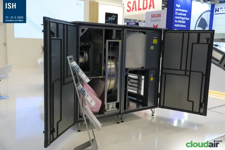 VTS air handling unit with open doors showing fans, filters and heater at ISH 2025
