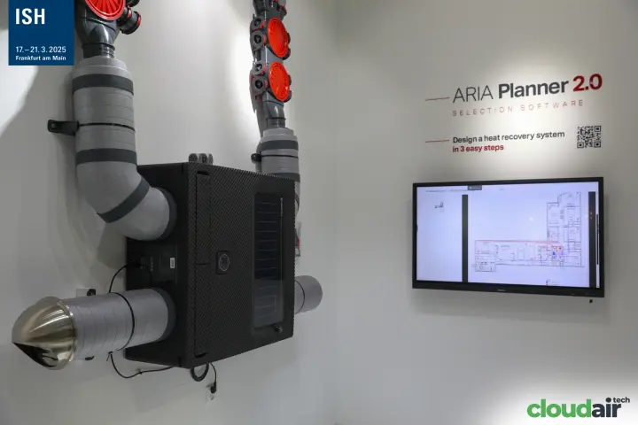 Wall-mounted heat recovery unit next to the ARIA Planner 2.0 screen at ISH 2025