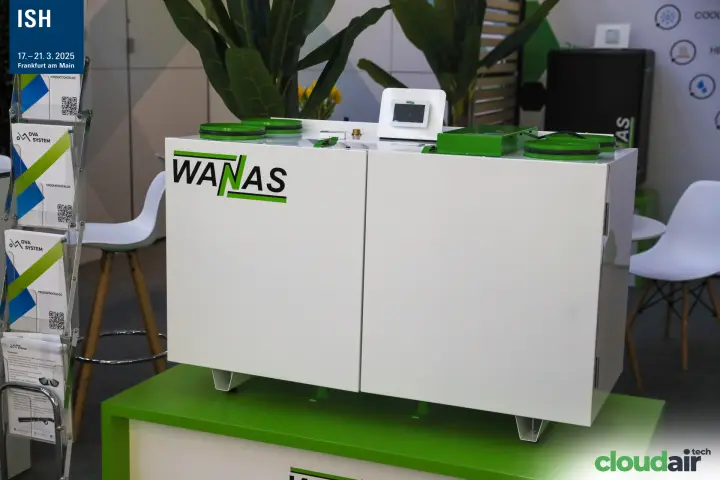 Wanas ventilation unit with green duct spigots and touchscreen controller at ISH 2025