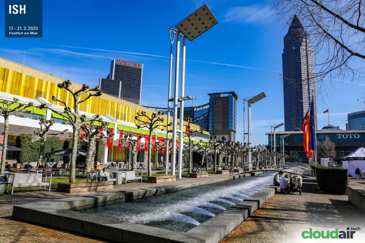 Water channel and Messeturm on the Frankfurt fairground