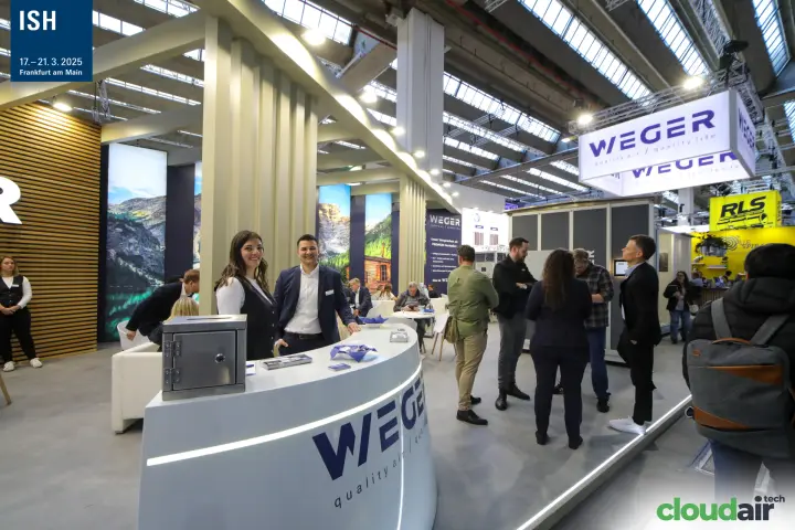 Weger reception counter with the 'quality air / quality life' slogan at ISH 2025