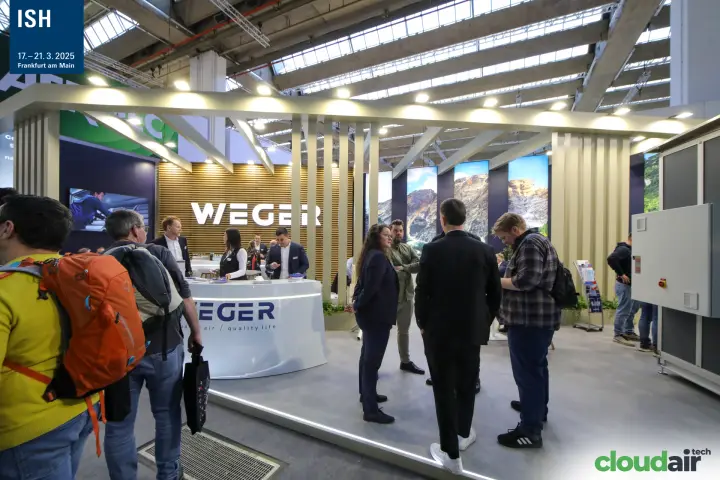 Weger reception counter and slatted wood wall with mountain panels at ISH 2025