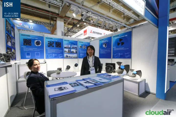 Weiguang fan range posters and blade samples at the counter at ISH 2025